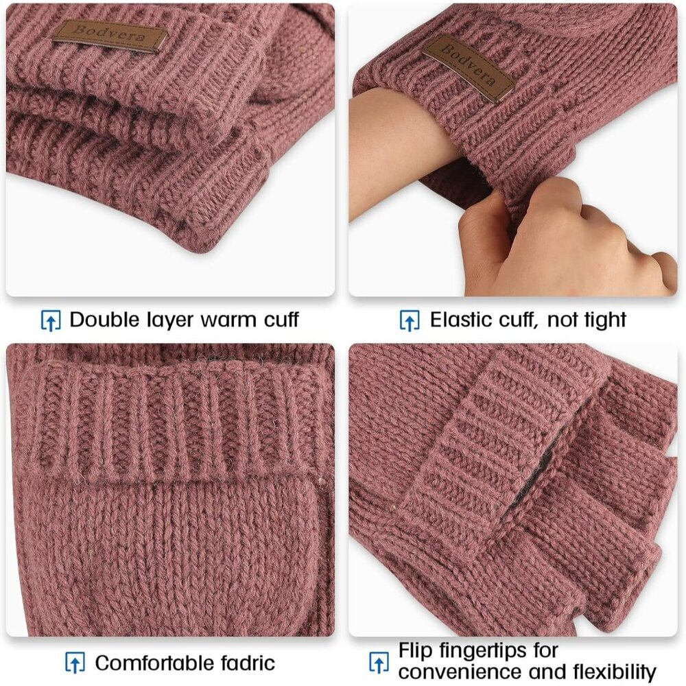 Women's Pink Winter Warm Thermal Insulation Fingerless Texting Wool Gloves - Picture 2 of 6